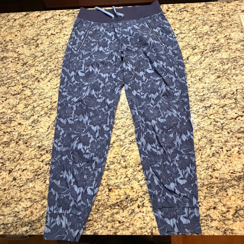 Athleta Womens Blue Floral Joggers Drawstring Zipper Pockets Size 8 ws